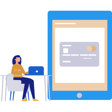 Garota pagando on-line no laptop com cartão de crédito  Ilustração