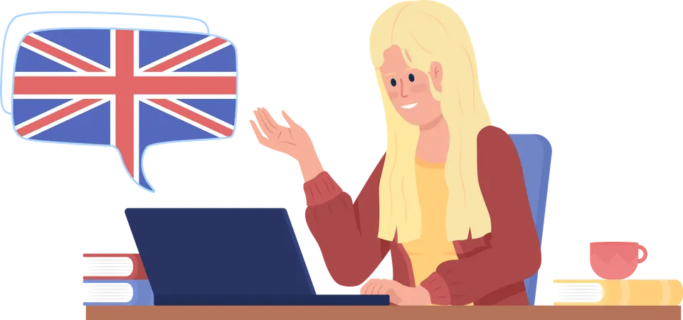 Menina participando de videoaula de inglês britânico  Ilustração