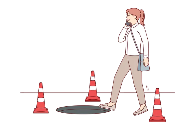 Garota passeando na zona de construção enquanto fala ao telefone  Ilustração