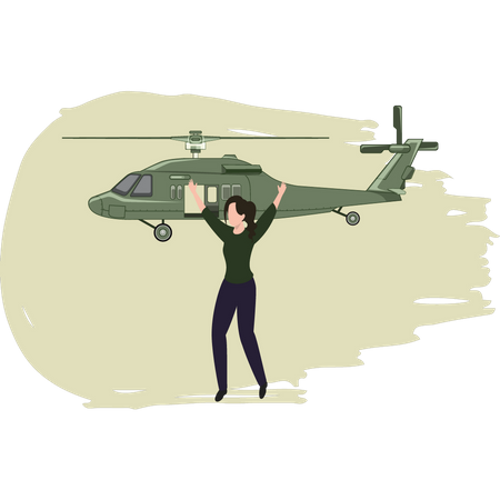 Menina pedindo ajuda do helicóptero  Ilustração