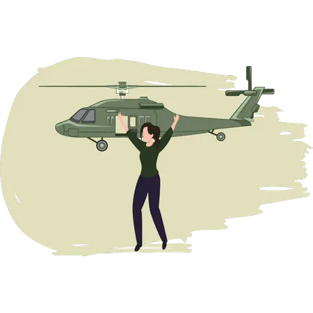 Menina pedindo ajuda do helicóptero  Ilustração