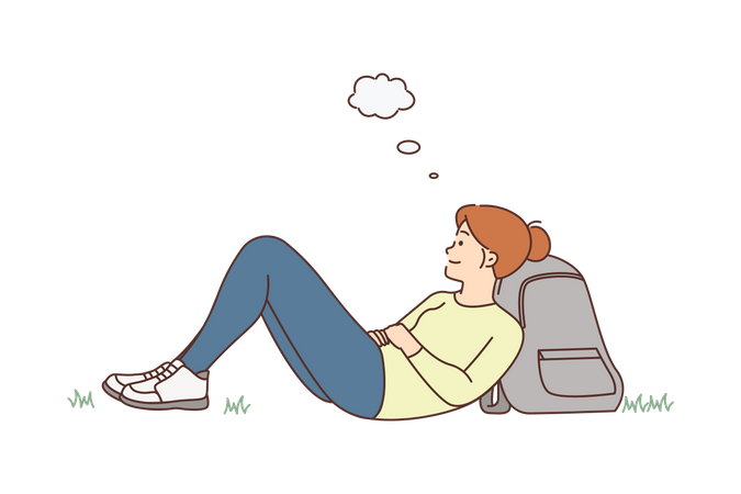 Garota pensando e dormindo na mochila  Ilustração