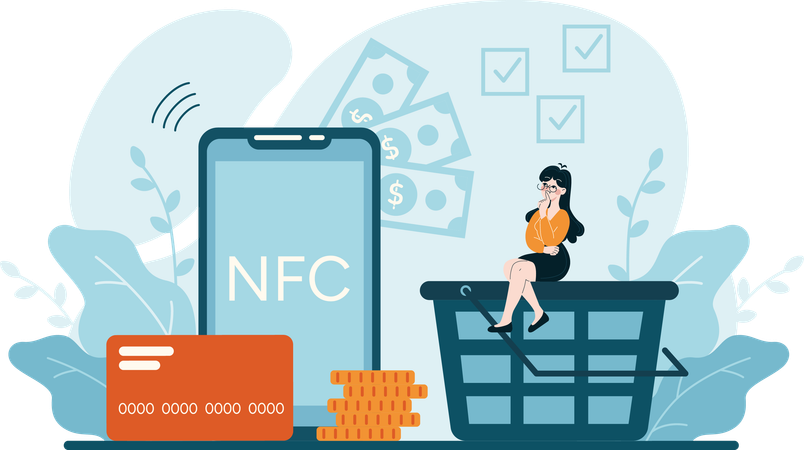 Garota pensando em pagamento NFC  Ilustração