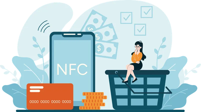 Garota pensando em pagamento NFC  Ilustração