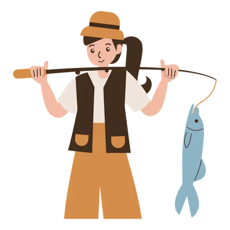 Garota de pesca ao ar livre  Ilustração
