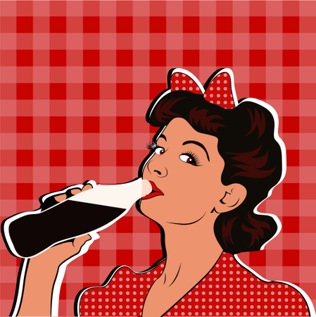 Pin up garota bebendo refrigerante estilo retrô pop art.  Ilustração