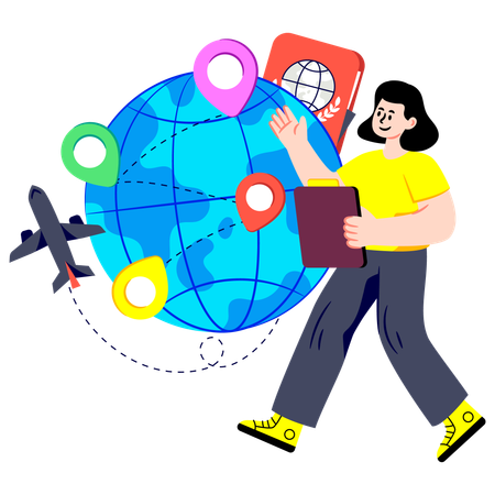 Garota planejando turnê mundial  Ilustração