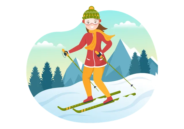 Garota fazendo esqui no inverno  Ilustração