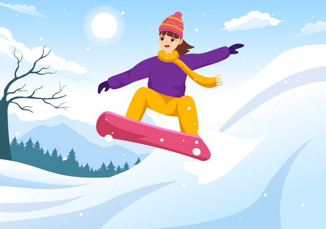 Garota praticando snowboard  Ilustração