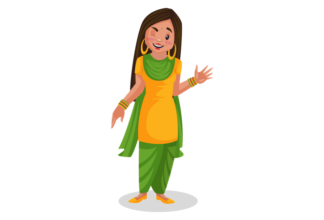 Menina Punjabi acenando com a mão e piscando os olhos  Ilustração