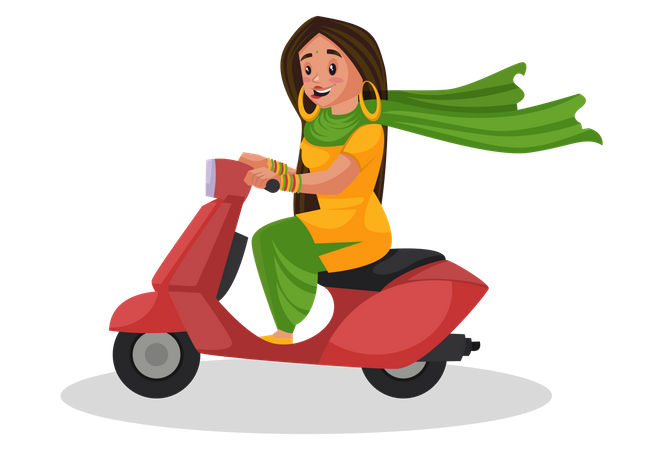 Garota punjabi dirigindo uma scooter  Ilustração