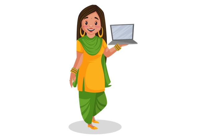 Garota Punjabi mostrando um laptop para propaganda  Ilustração