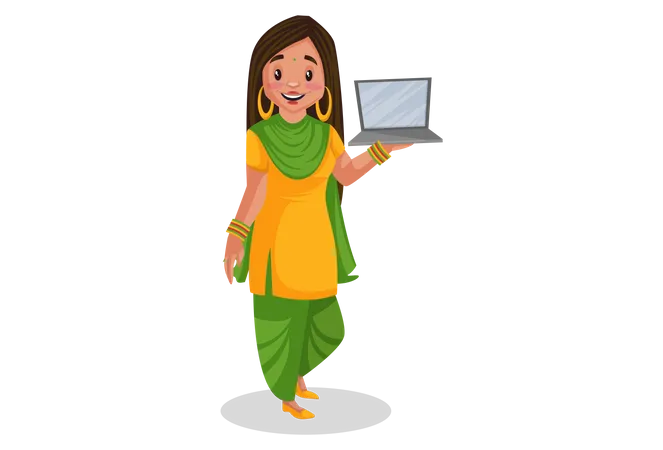 Garota Punjabi mostrando um laptop para propaganda  Ilustração