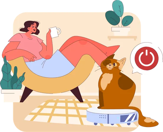 Menina relaxando em casa com seu gato  Ilustração