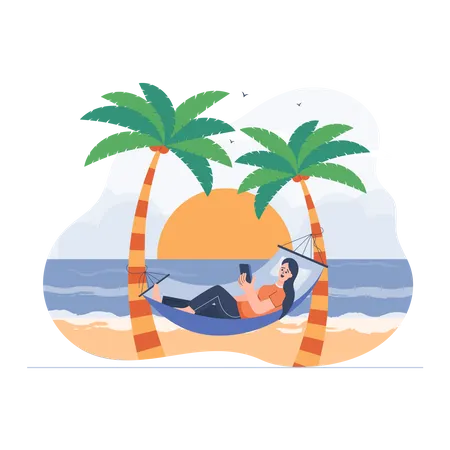 Garota relaxando na praia  Ilustração