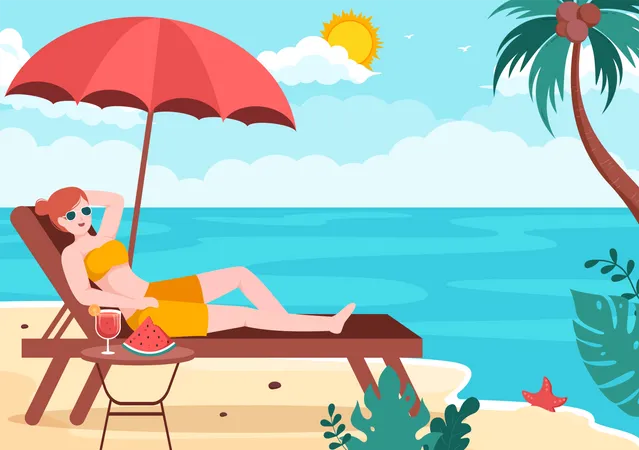 Garota relaxando na praia  Ilustração