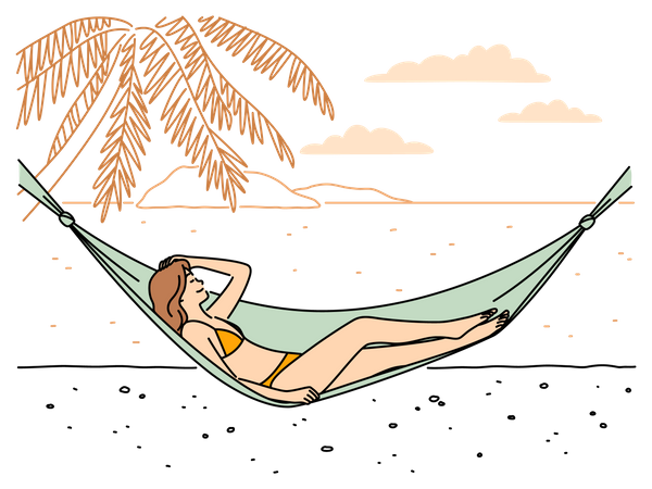 Garota relaxando na rede na praia  Ilustração