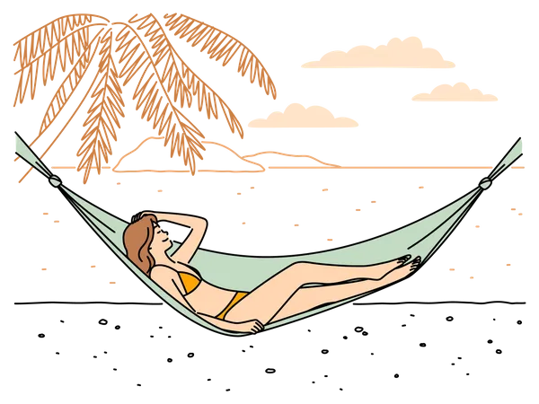 Garota relaxando na rede na praia  Ilustração