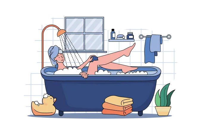 Menina relaxando no banho durante a quarentena  Ilustração