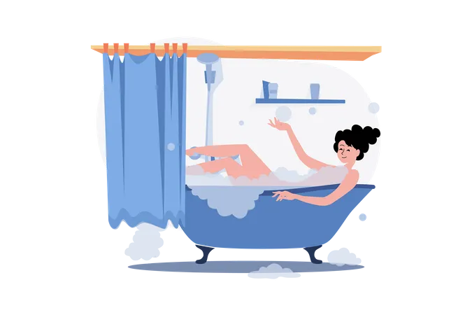 Menina relaxando no banho durante a quarentena  Ilustração