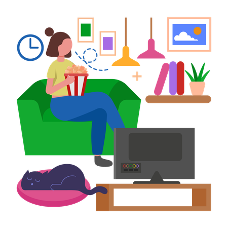 Garota relaxe assistindo seus programas favoritos  Ilustração