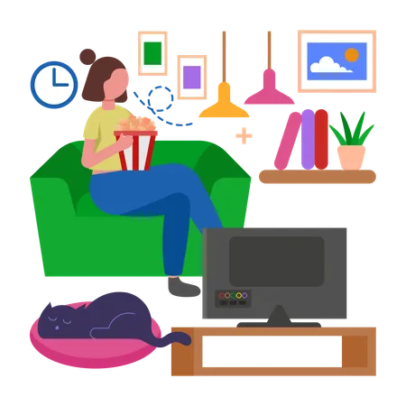 Garota relaxe assistindo seus programas favoritos  Ilustração