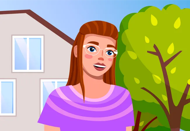 Garota ruiva de óculos na casa da família com árvores verdes no jardim doméstico, horário de verão  Ilustração