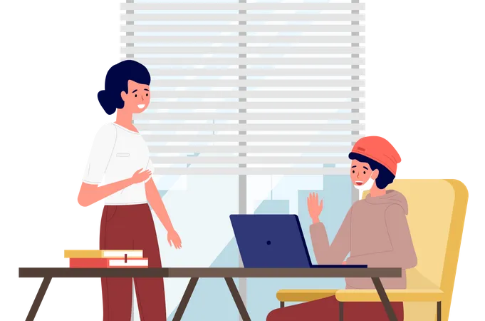 Garota se comunicando com um cara com máscara protetora médica olhando para laptop na sala de escritório  Ilustração