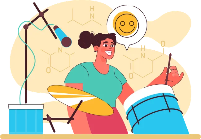 Garota se sentindo feliz por tocar bateria  Ilustração