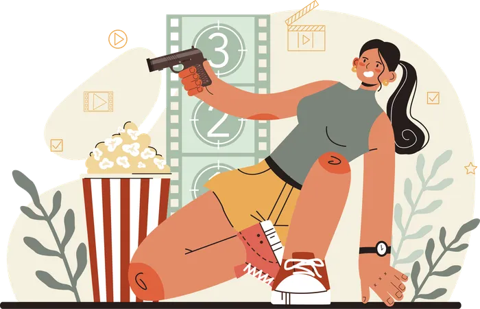 Garota segurando arma em filme de ação  Ilustração