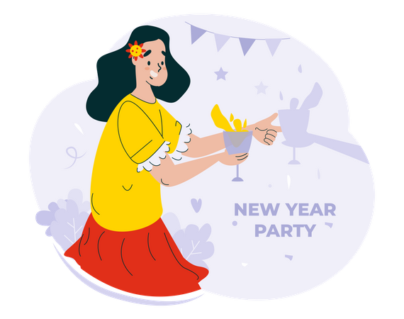 Garota segurando bebidas para comemoração de ano novo  Ilustração