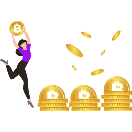 Garota segurando bitcoin  Ilustração