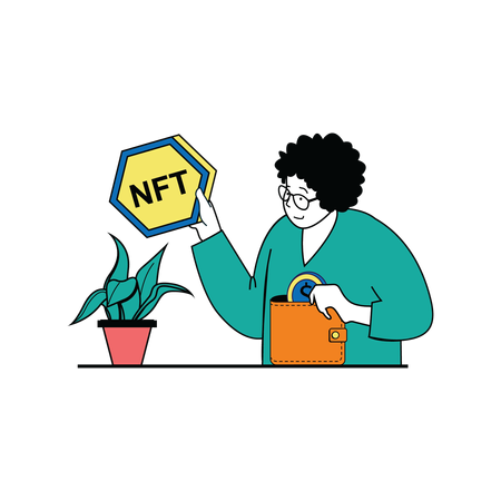 Garota segurando token NFT  Ilustração