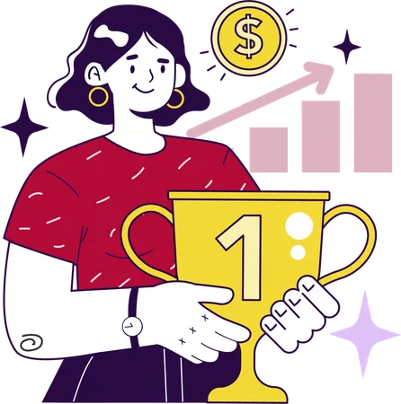 Garota segurando o troféu enquanto obtém sucesso financeiro  Ilustração