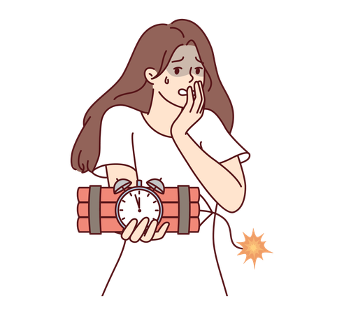 Garota segurando uma bomba-relógio e se sentindo assustadora  Ilustração