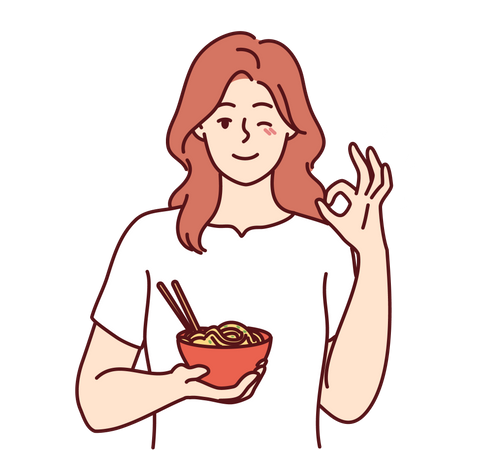 Menina segurando uma tigela de comida e mostrando um gesto simpático  Ilustração