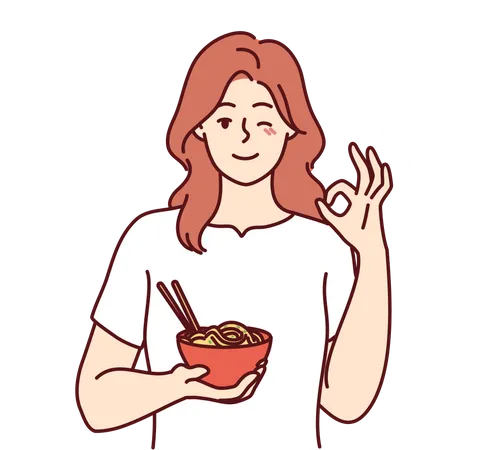 Menina segurando uma tigela de comida e mostrando um gesto simpático  Ilustração