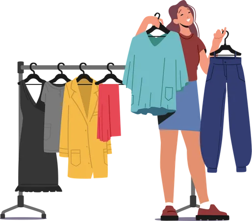 Garota selecionando roupas no shopping  Ilustração