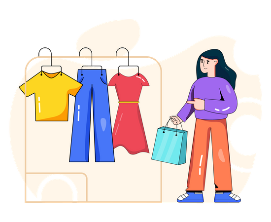 Garota selecionando vestido no shopping  Ilustração