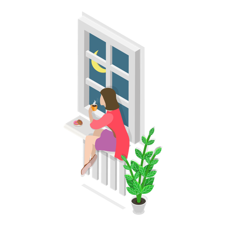 Menina sentada em casa e relaxando  Ilustração