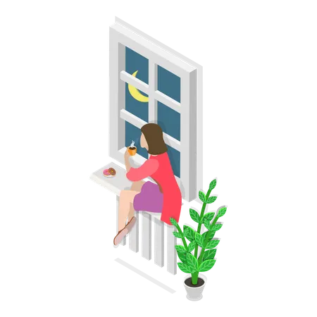Menina sentada em casa e relaxando  Ilustração