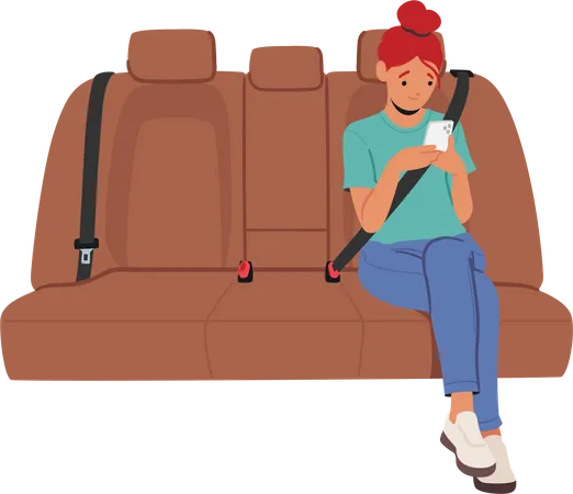 Menina sentada na cadeirinha do carro com smartphone  Ilustração