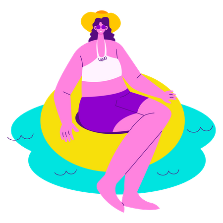 Menina sentada na piscina flutuante  Ilustração