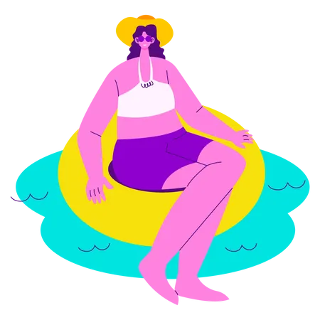 Menina sentada na piscina flutuante  Ilustração