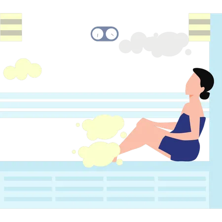 Menina sentada na sauna a vapor  Ilustração