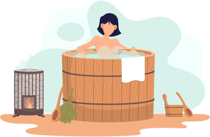 Menina sentada na sauna a vapor  Ilustração