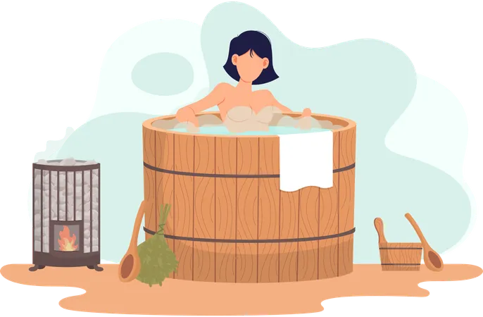 Menina sentada na sauna a vapor  Ilustração