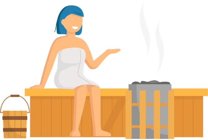 Menina sentada na sauna a vapor  Ilustração