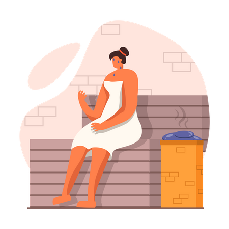 Menina sentada na sauna a vapor  Ilustração