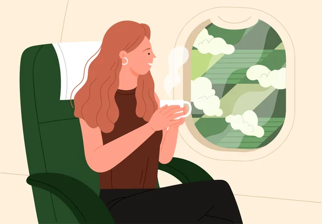 Menina sentada no avião no assento da janela  Ilustração